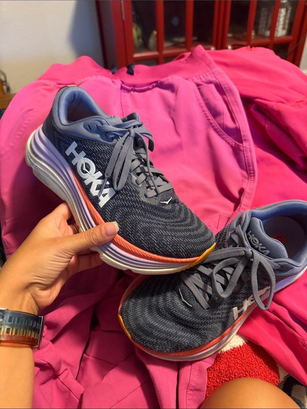 Hoka Women's Navy Gray Running Shoes with Orange and Yellow Accents
